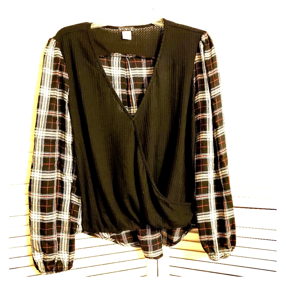 Long sleeve faux wrap blouse